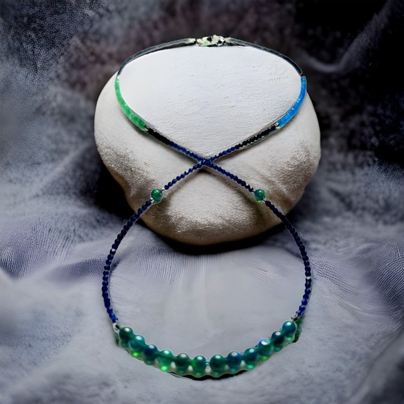 Solid 14K White Gold  Natural Emerald Black Opal Sapphire Wrap Bracelet Necklace - Picture 6 of 7